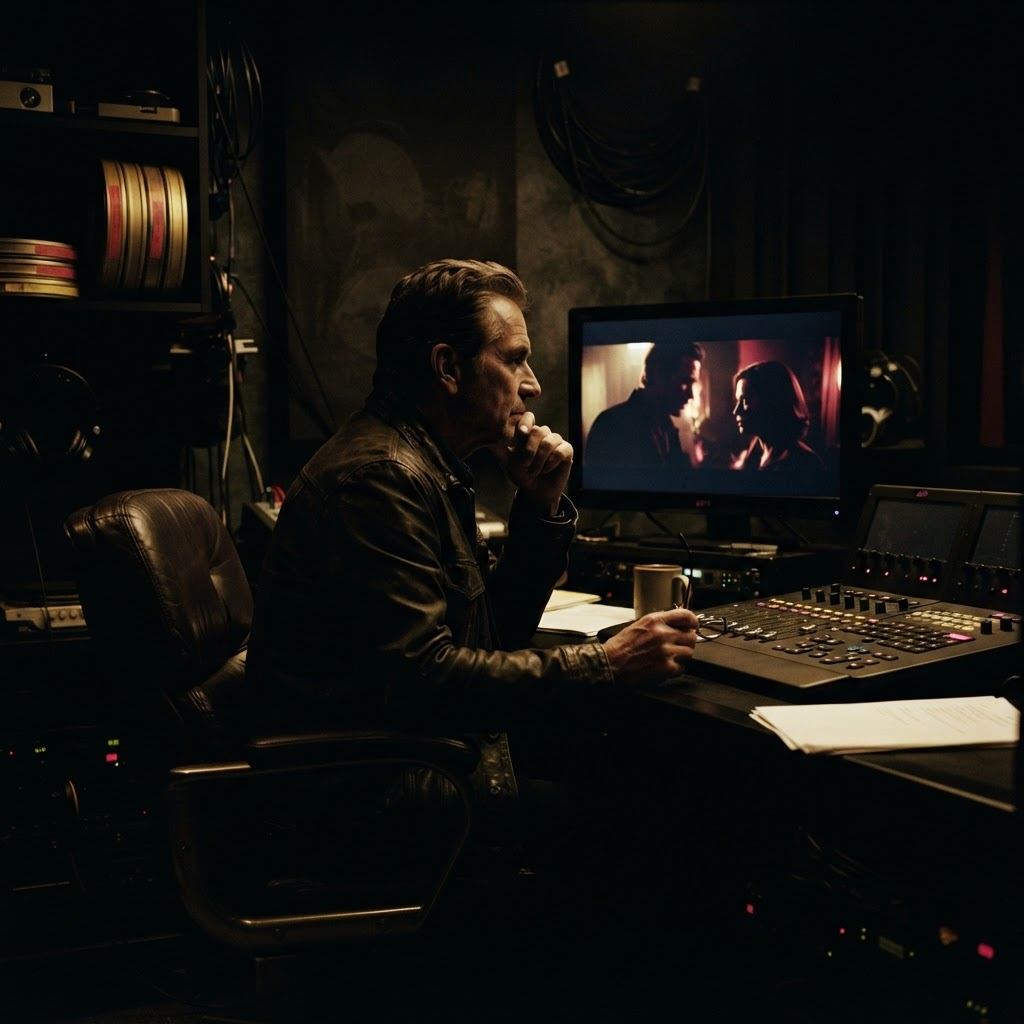 A director reviewing footage in a dark editing suite